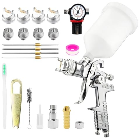 HVLP Lackeringspistol, sprutpistolsats, 4 munstycken (1,4 mm 1,7 mm 2,0 mm 2,5 mm) professionellt färgsprutsystem spraypistol med 600 ml plastmuggar och tryckregulator, för bil, möbler, väggfärg