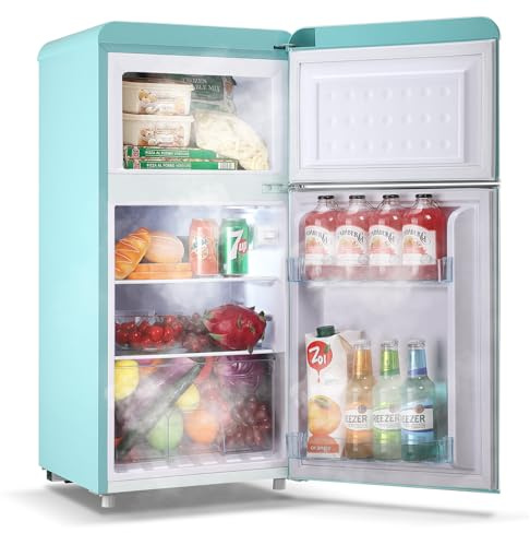 DEMULLER Small Refrigerator with Top Freezer 100Liter Retro Mini Fridge with Adjustable Glass Shelving, 7 Temperature Control and LED Lighting, Retro Mint Blue