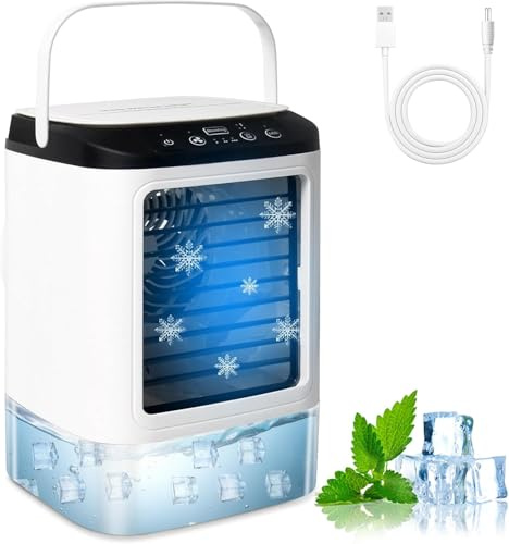 Aire Acondicionado Portatil, 4 en 1 Mini Aire Acondicionado, Enfriador de Aire Portatil 900ML,3 Velocidades & 2 Nebulizacións con Bandeja de Hielo Extraíble para Dormitorio, Oficina