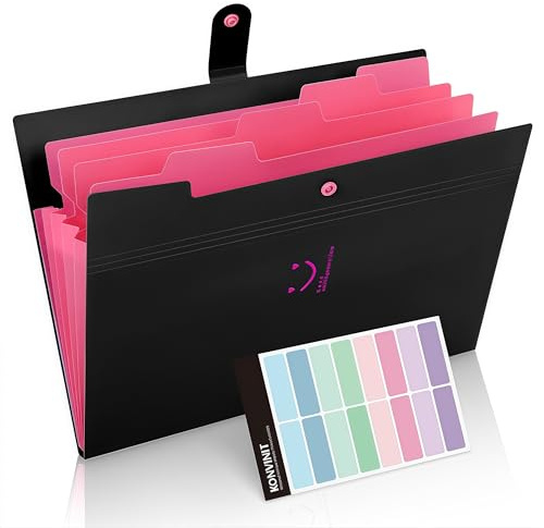 KONVINIT Dokumentenmappe A4 Erweiterbar Fächermappe A4 Mappe mit 5 Tasche Ordner Schmal Ordnungsmappe Große Kapazität Aktenordner mit Druckknopf Schule Document Organizer Mappe mit Fächern,Schwarz