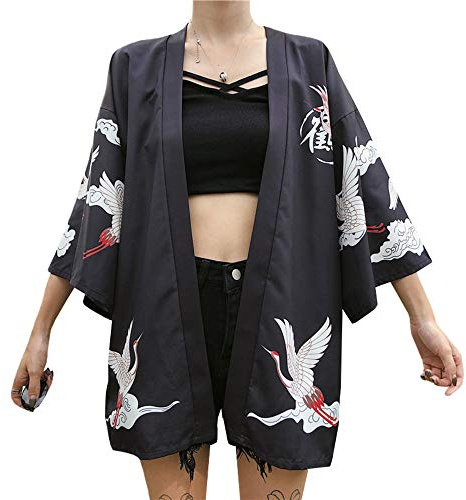 Kimono japonés floral para mujer, chaqueta de punto suelto, estilo casual Negro A-negro Talla única