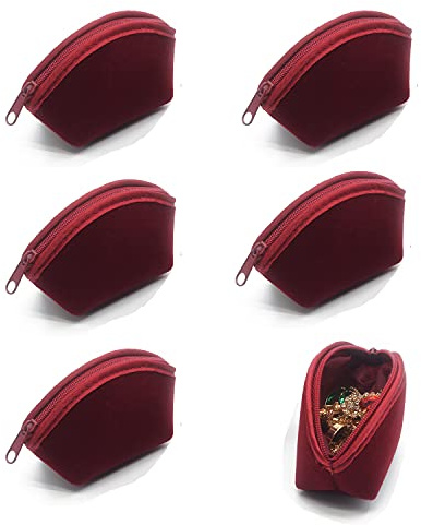 SUKPSY 6 Pcs Velvet Jewelry Bags with Zipper Gift Bags Purse Pouches Shell Shape Jewelry Organizer Box for Jewelry,Gift,Wedding Party,Christmas,Small Craft (Dark Red)
