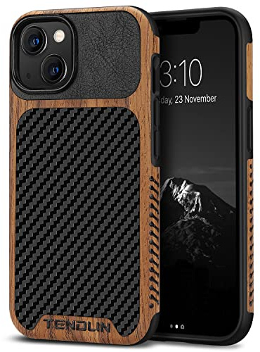 TENDLIN Kompatibel mit iPhone 13 Hülle, Holz und Carbon Textur Design Leder Hybrid Handyhülle (Schwarz)