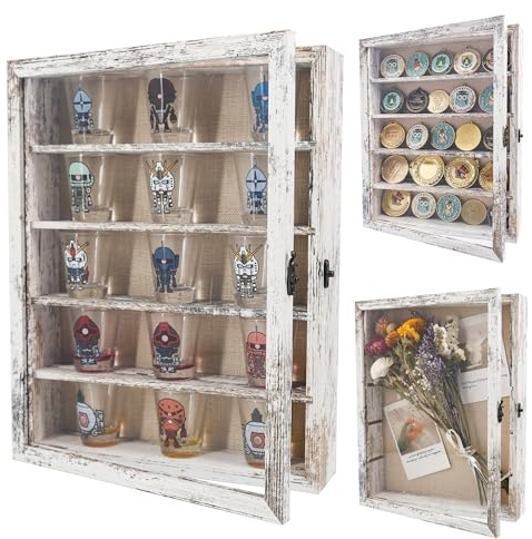 FramePro 11x14 Display Case with Adjustable Shelves White, 4-Tier Memory Shadow Box for Wall, Deep Wooden Keepsake Display Shelf with Locking Door for Memorabilia, Photos, Medals, Wedding, Home Decor