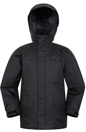 Mountain Warehouse Torrent Wasserdichte Kinderjacke - leichte Regenjacke für Kinder mit versiegelten Nähten, atmungsaktiv, für Mädchen und Jungen - zum Wandern Tiefschwarz Kinder 140 DE (9-10 Jahre)