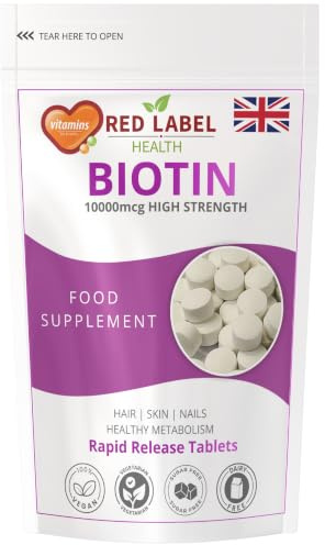 Red Label Health Biotin 10mg 100 Vegan Tablets, Hair Support | 3+ Month Supply. High absorption D-Biotin to support healthy hair, skin, nails & energy metabolism.
