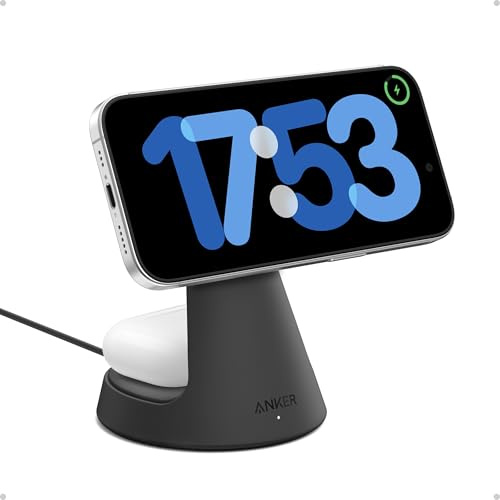 Anker MagGo MagSafe kompatibles 2-in-1 Ladegerät, Qi2 Zertifiziert 15W Schnellladegerät Ständer, Einstellbar stabil, Für iPhone 17/16/15/14/13/12, AirPods Pro und mehr (Ohne Netzteil)