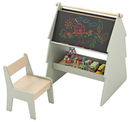 DREAMADE 2-in-1 Kinder Staffelei mit Hocker, Doppelseitige Kindertafel mit Papierrolle & Ablagefläche, Weihnachtsbaumformige Kindersitzgruppe aus Holz für Kinderzimmer & Spielzimmer