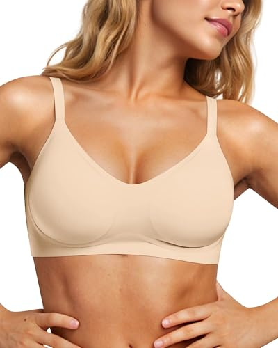 Vertvie Seamless Bras for Women Non Wired Comfort Wireless Push Up Bra Soft Support Full Coverage Everyday Bra Padded Zero Feel Bralettes (Sand Color,M)