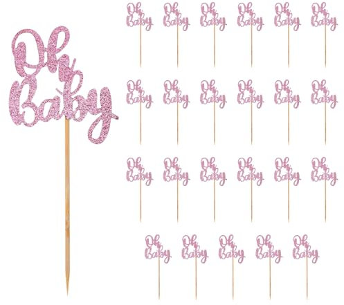 24pcs Oh Bébé Décorations de Cupcakes, Glitter Oh Baby Cake Topper Décorations Cupcakes Mignon Pics à Cupcakes Fournitures de Fête pour Mariage Anniversaire Baby Shower Decor (Rose)