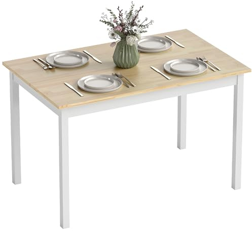 HOMCOM Table à Manger, Table de Cuisine 4 Personnes, Design Vintage, Structure en Bois Massif, 120 cm, Naturel et Blanc