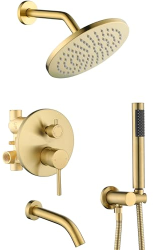 RF SUNUAN Shower System with Tub Spout, Gold Bathtub Shower Faucet Set, 8 Rain Shower Head and Handheld Spray Combo, Round Shower Head and Handle Set with Tub Spout (Valve Included), Brushed Gold