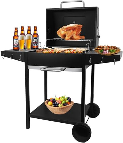 kisidus Barbacoa de carbón vegetal con estantes laterales, 119 x 61 cm, superficie de barbacoa, carro para 5-10 personas, barbacoa de camping con ruedas, color negro