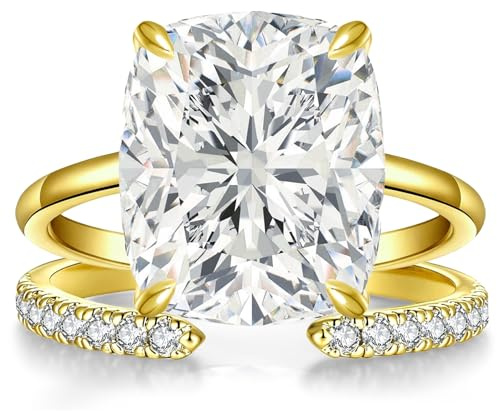 AVECON 5CT Elongated Cushion Cut Engagement Ring Set for Women, Wedding Promise Cubic Zirconia Band, 14K Gold Plated Stackable Adjustable Bridal Half Eternity Open Rings, Size 7.5