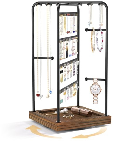 EsLuker.ly Earring Necklace Holder Organizer Jewelry Display Stand, Rotating Wood Earring Tower Rack with 12 Necklace Hooks for Women Vendors Selling, Countertop Bracelets Storage Tree, Brown Black