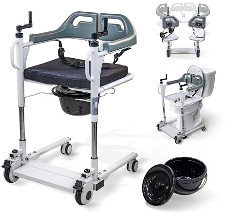 Mobiclinic®, Silla de Transferencia, con Orinal Extraíble, Regulable en Altura, Doble Sistema de Seguridad, Apertura Lateral, Cojín, Ruedas con Frenos, para Cama, Sillón e Inodoro, Acero, Willy