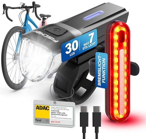 FISCHER Fahrrad-Beleuchtungsset Stop 30/15 Lux mit Bremslicht, Front- und Rückleuchte, mit Akku und USB-Ladefunktion, 2 Leuchtfunktionen, Spritzwasserschutz nach IP44, StVZO-zugelassen