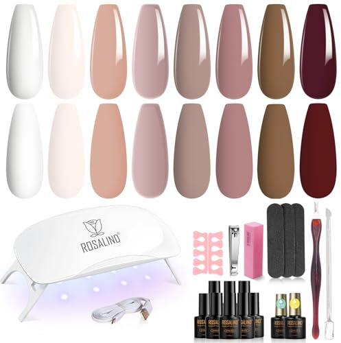 ROSALIND Kit Uñas Semipermanentes con UV LED Lámpara, Mini 8+2 PCS Esmaltes Semipermanentes Kit 8 Colores Blanco Nude Marrón, Soak off Pintauñas Gel Set de Inicio