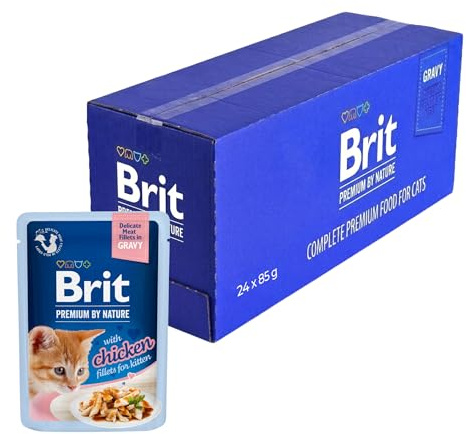 Brit Premium våtfoder för kattungar, delikata filéer i sås med kyckling, balanserad kattunge mat, 24 x 85 g