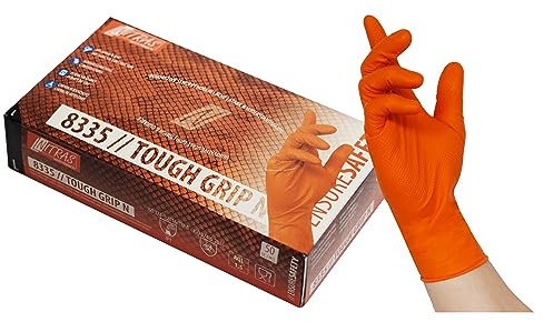 Nitras 50 Stück Nitril Einmalhandschuhe mit optimierter Griffigkeit Tough Grip N (L, orange)