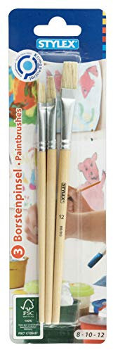 Stylex 35044 Set di 3 pennelli Piatti con setole di Dimensioni, dipingere con tavoli, tempere, acquerelli, Olio e Acrilico, Ideali per la Scuola, Legno, Multicolore, 8, 10 und 12