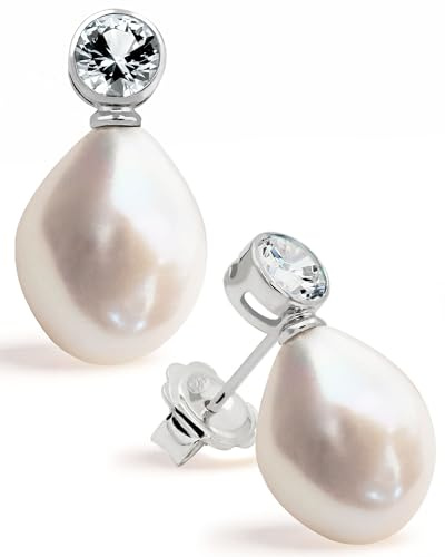 Damen Perlenohrringe mit 12-13 mm Barock Süßwasser Zuchtperlen Weiß mit Zirkonia - SECRET & YOU - Perlenohrstecker 925er Sterling silber