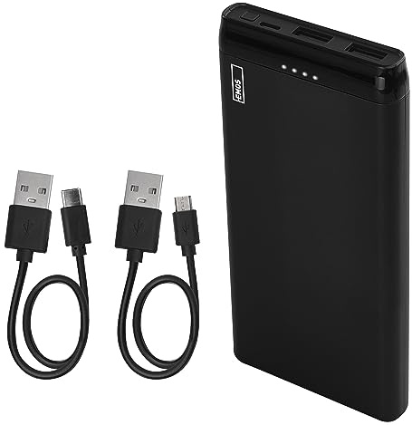 EMOS - ALPHA 10S Powerbank 10 000 mAh - externer Akku mit Passthrough - 2 USB-A-Ausgänge, 1 micro-USB-Eingang - inkl. 2 USB-Datenkabel - auto ON/OFF - für iPhone, iPad, Smartphone, Tablet - schwarz