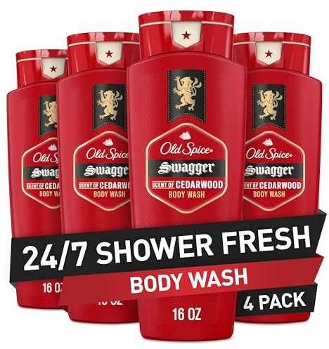 Old Spice Refreshing Body Wash for Men, 3X Defense, 24/7 Shower Fresh with Long Lasting Scent, Red Collection, Swagger with Cedarwood Scent, 16 oz (Pack of 4)