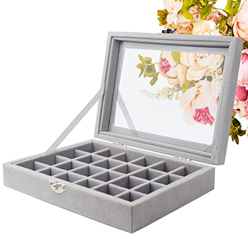 SUPPRUI Earrings Storage Organiser Velvet Jewellery Rings Display Box with Clear Lid Showcase for Home, Shop, Dressing Room (Grey-24Grids)