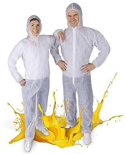 Paintbutler - PP-Schutzanzug mit Kapuze - Maleranzug - Einweg - Overall zum Schutz vor Farbspritzern, Baustaub, Glaswolle, Schmutz - Weiß… (L)