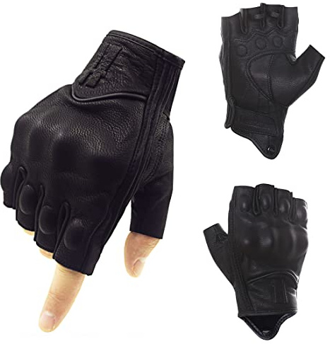Harssidanzar Mens Gloves Half Finger Goatskin Leather Motorcycle Gloves GM037UK, Black, Size M
