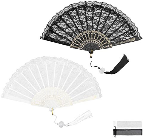 Vintage Spitzenfächer, HASLED 2 Stuck Fächer Spitze, Vergoldete Fächerrippe Faltfächer Mit Anhänger, für Abschlussball, Party, Symposium (Schwarz, Weiß)