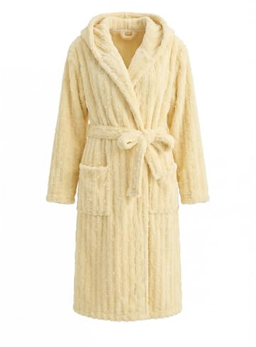 HEARTNICE Fuzzy Soft Robes for Women, Long Plush Hooded Robe Fluffy Warm Bathrobes(Light Yellow,S/M)