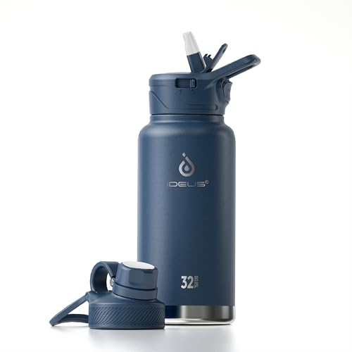 IDEUS Vacuum Insulated Water Bottle 950ml/32oz, Leak-Proof Stainless Steel Water Bottle, Double Wall Flask, Metal Sports Canteen with 2 Lids