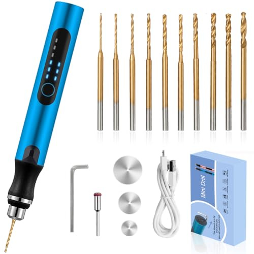 3-Speed Cordless Mini Drill Pen With 10 Small Drill Bits,Rechargeable Electric Hand Drill Pin Vise,Resin Drill Set For Jewelry Making, Resin, Plastic, Wood, Keychains DIY (BLUE)