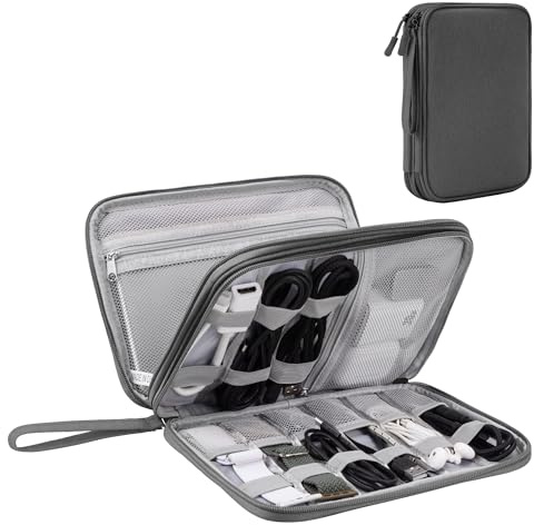 Arae Organizer Valigia per Accessori da Viaggio, Porta Cavi da Viaggio Doppio Strato con Grande Capacità per Cavi, Carte, Caricatori, Cuffie - Gadget Tech Utile per Viaggio e Zaino, L, Grigio scuro