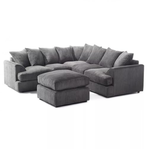 Kingsize Jumbo Cord Corner Sofa Set + Footstool, Grey (Corner + Footstool)