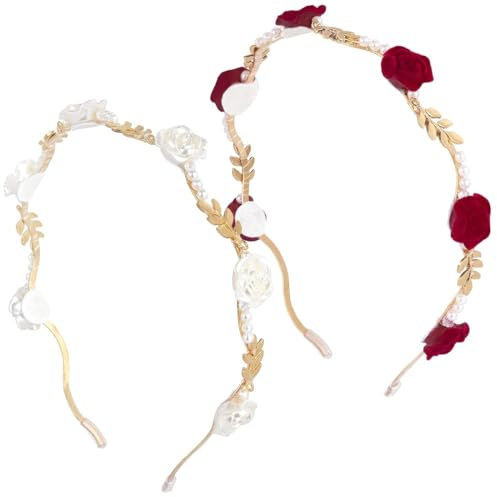 2 PCS Serre-tête en perles rose rouge et rose blanche, Bandeau Grecque Romain Coiffe Cheveux Couronne Femme Accessoires, Bridal Coiffe de Mariage Feuille Serre-tête Couronne