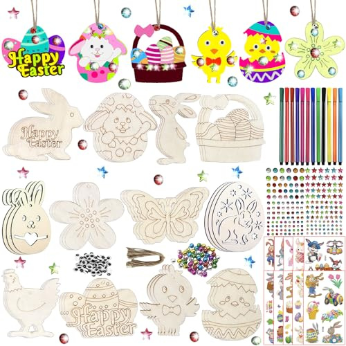 FZYESNO Ostern Basteln Kinder, 358Pcs Ostern Basteln für Holz, DIY Osterdeko, Ostergeschenke Kinder,Holzanhänger Zum Bemalen, Bastelset Ostern mit Aquarellstifte, Glöckchen, Augen, Strasssteine, etc
