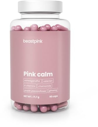 GymBeam Pink Calm - Integratore per sistema nervoso con vitamina B6, ashwagandha, camomilla e passiflora – Benessere mentale, relax e sonno – 90 capsule facili da assumere
