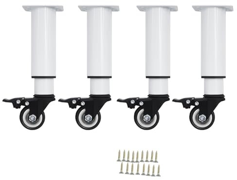 Lot de 4 pieds de meubles avec roulettes pivotantes, pieds de meubles réglables en hauteur avec roulettes de frein, capacité de charge totale : 150 kg, table, cabinet, (18,5 - 26 cm/24,5-36 cm) (blanc