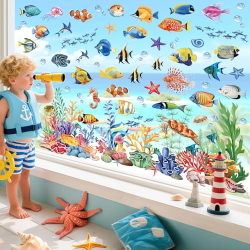 wondever Stickers Fenetre Sous la Mer Poisson Tropicaux Autocollant Fenêtre
