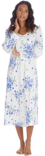 Slumber Hut Chemise de nuit en tricot câlin à motif floral pour femme - Tissu brossé doux, manches longues, nuisette d'hiver chaude (tailles 36 à 54), bleu/fleur, 50-52