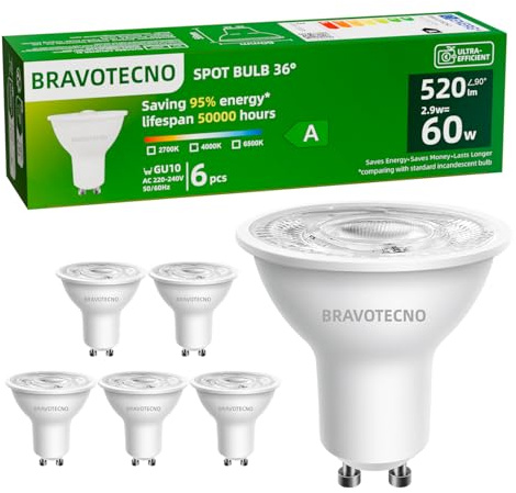 bravotecno Bombilla LED GU10, Clase Energética A, Blanco Neutro 4000K 2.9W 520LM, Foco GU10 36° Equivalente a 60W, No Regulable, Baja Generación de Calor & Larga Duración, 6 piezas