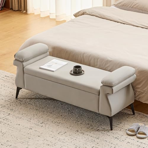 Ckaff Banc Bout de lit Banquette, Coffre de Rangement Ottomane Repose-Pieds Rembourré Pouf Pliable Banc de Chaussures 128 x 44 x 53 cm, Repose-Pieds pour Entrée Salon Chambre à Coucher, PU, Gris