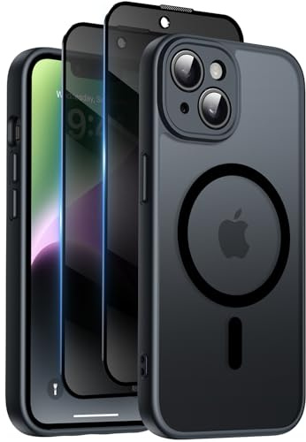 Qasyfanc Funda para iPhone 14, Compatible con MagSafe, Negro | Con 2 Cristales templados antiespía de privacidad, protección de cámara, carcasa trasera mate translúcida, fina y antigolpes