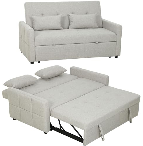HOMCOM Divano Letto 2 Posti 3 in 1 con Materasso, Braccioli, Divano 2 Posti Clic Clac Estraibile Reclinabile 3 Livelli, 2 Cuscini, Letto Matrimoniale Pieghevole in Tessuto Effetto Lino, Marrone Chiaro