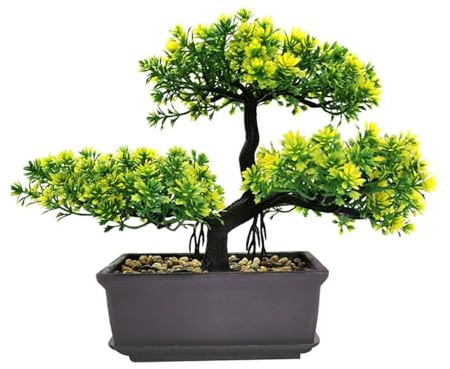 Artificial Bonsai Tree Fake Plants, Potted Faux Living Room Table Indoor Decor Japanese Simulation Pine Greeting Guests Potted for Home Decoration,Office/Windowsill/Yard(COLOR:Yellow)