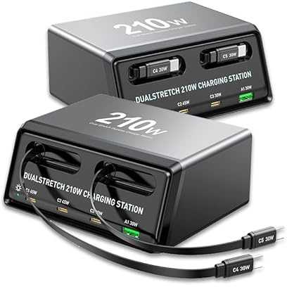 210W GaN-laddare med 2 utdragbara kablar, 6-portars USB C-laddstation (5C 1A), dubbla 45W-portar för MacBook och bärbar dator, fullprotokollsnabbladdning för hem, kontor och resor för iPhone, iPad