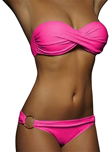 Generico Costume per Seno Grande,Costume Donna Due Pezzi Fascia Costumi da Bagno Tinta Unita Brasiliana Bikini Mare Vita Bassa Imbottita Perizoma e Pezzo sopra Curvy Push Up Fucsia Acceso XL